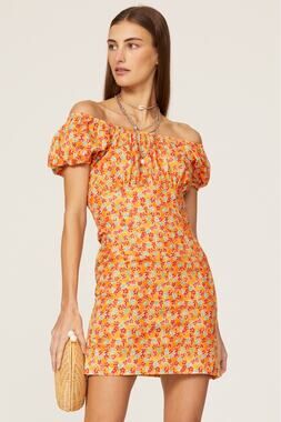 CAROLINE CONSTAS Orange Floral Calla Ruched Puff Sleeve Mini Dress Size Medium